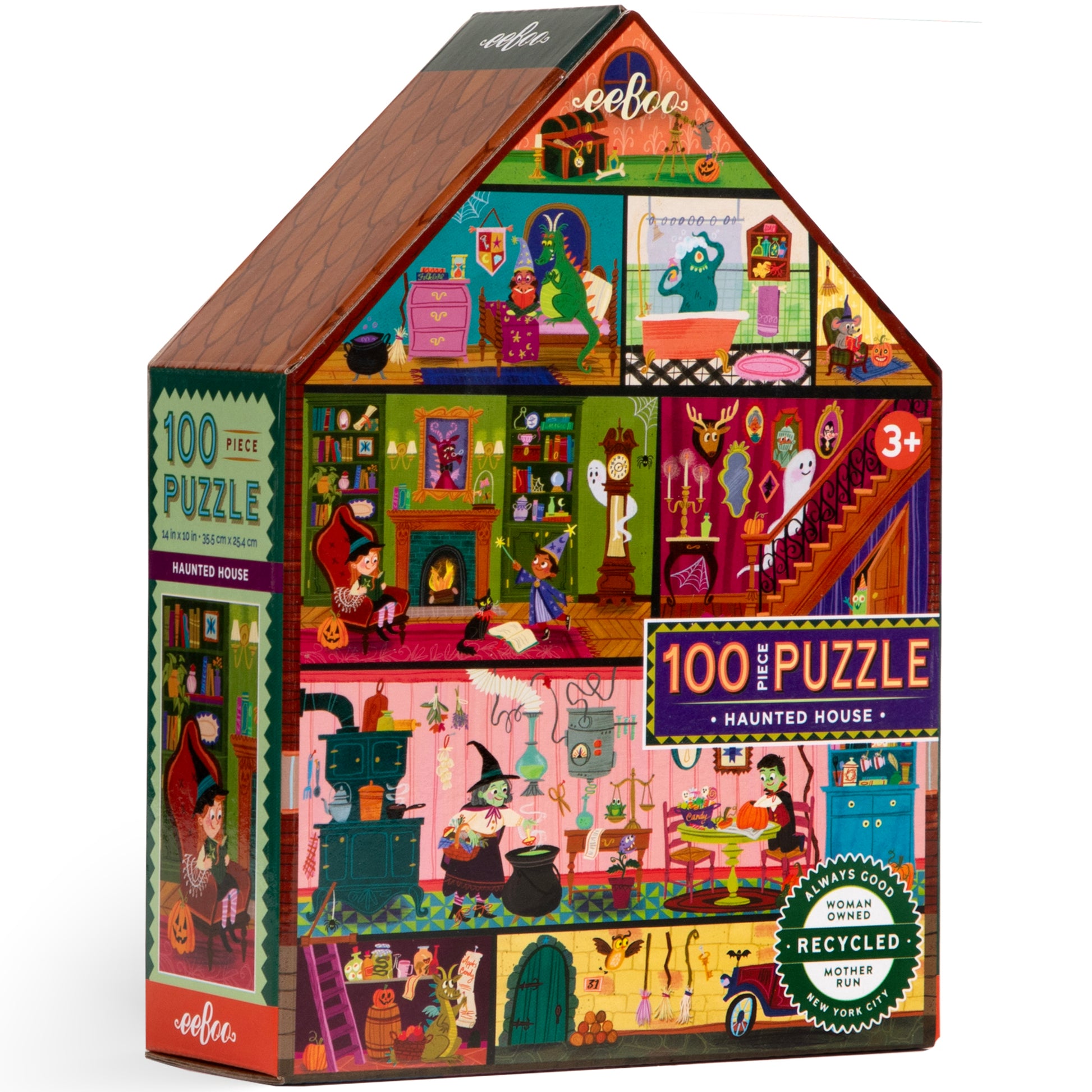 eeBoo Haunted House 100 Piece Puzzle for kids 3+, colorful house-shaped jigsaw with Halloween theme