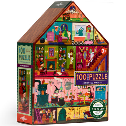 eeBoo Haunted House 100 Piece Puzzle for kids 3+, colorful house-shaped jigsaw with Halloween theme