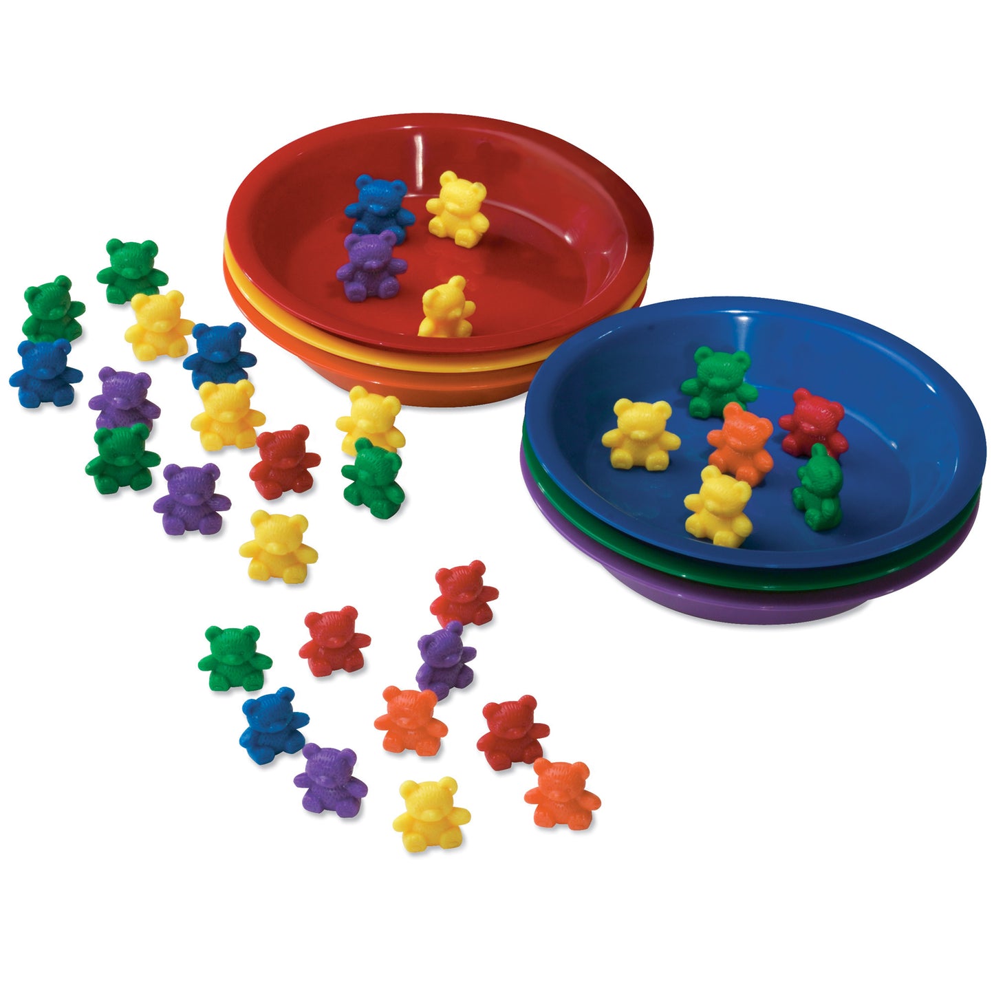 Colorful plastic bear counters in red, yellow, blue, green, purple, and orange arranged around three nesting bowls in red, blue, and purple