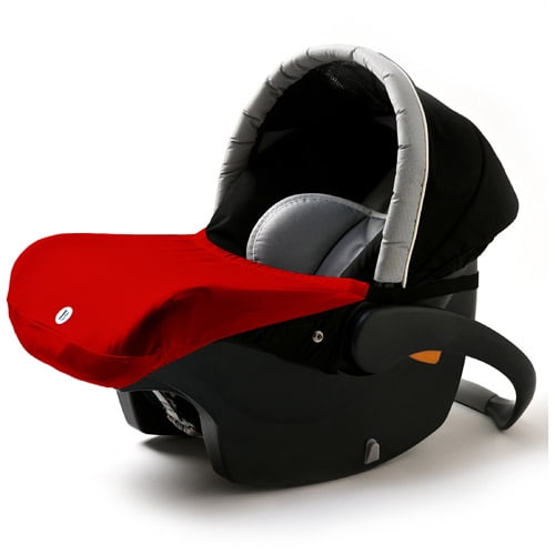 Black and gray infant car seat with red weather-protective canopy cover