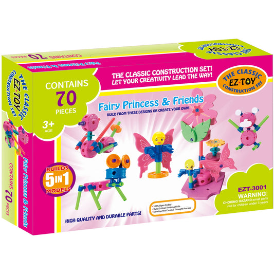 EZ-TOY Fairy Princess & Friends construction set box showing 70 colorful plastic pieces that build 5-in-1 models including fairy figures, flowers, and accessori