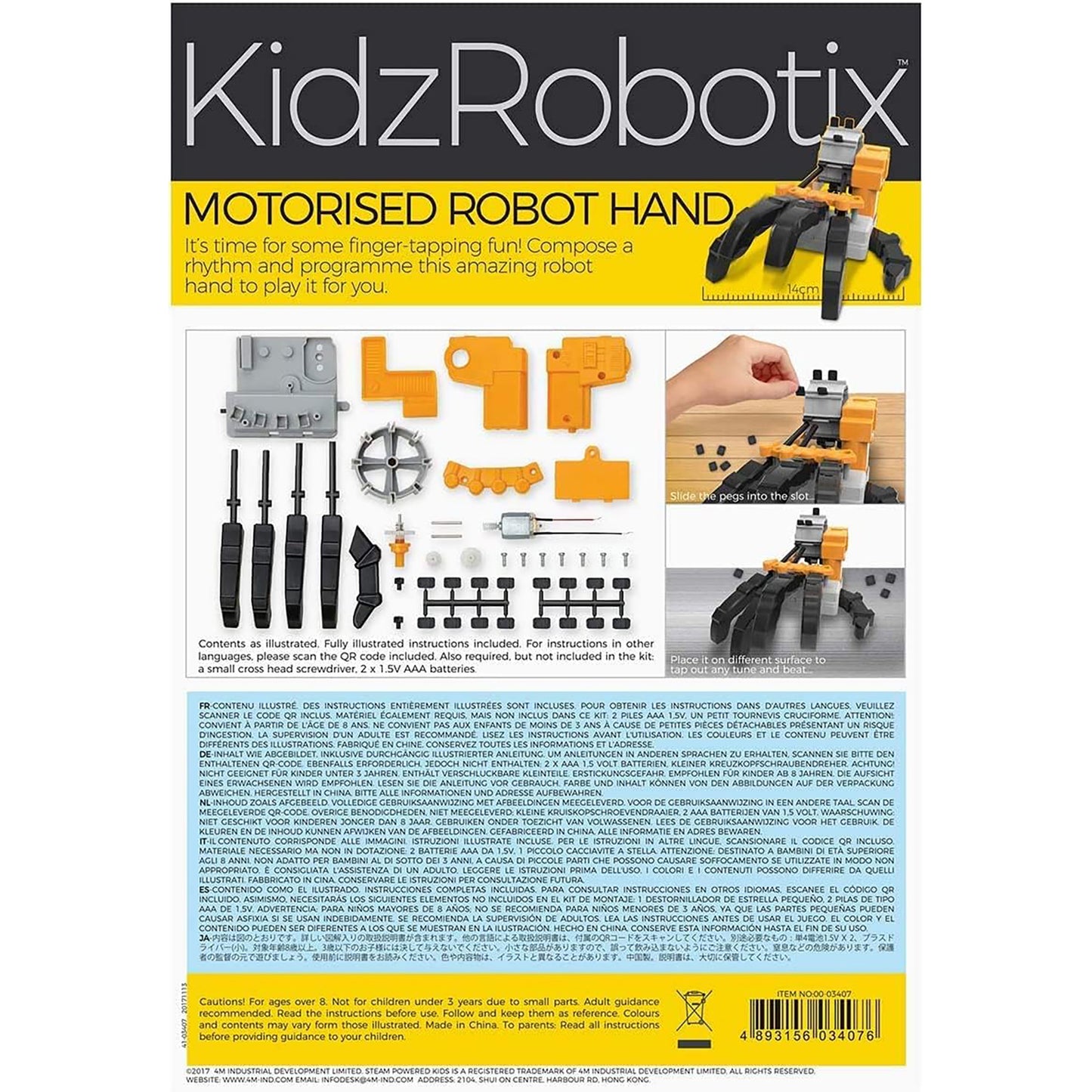 KidzRobotix Motorized Robot Hand kit with orange and black components, gears, and instruction manual