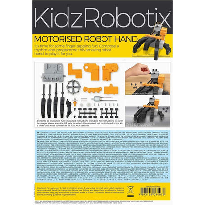 KidzRobotix Motorized Robot Hand kit with orange and black components, gears, and instruction manual