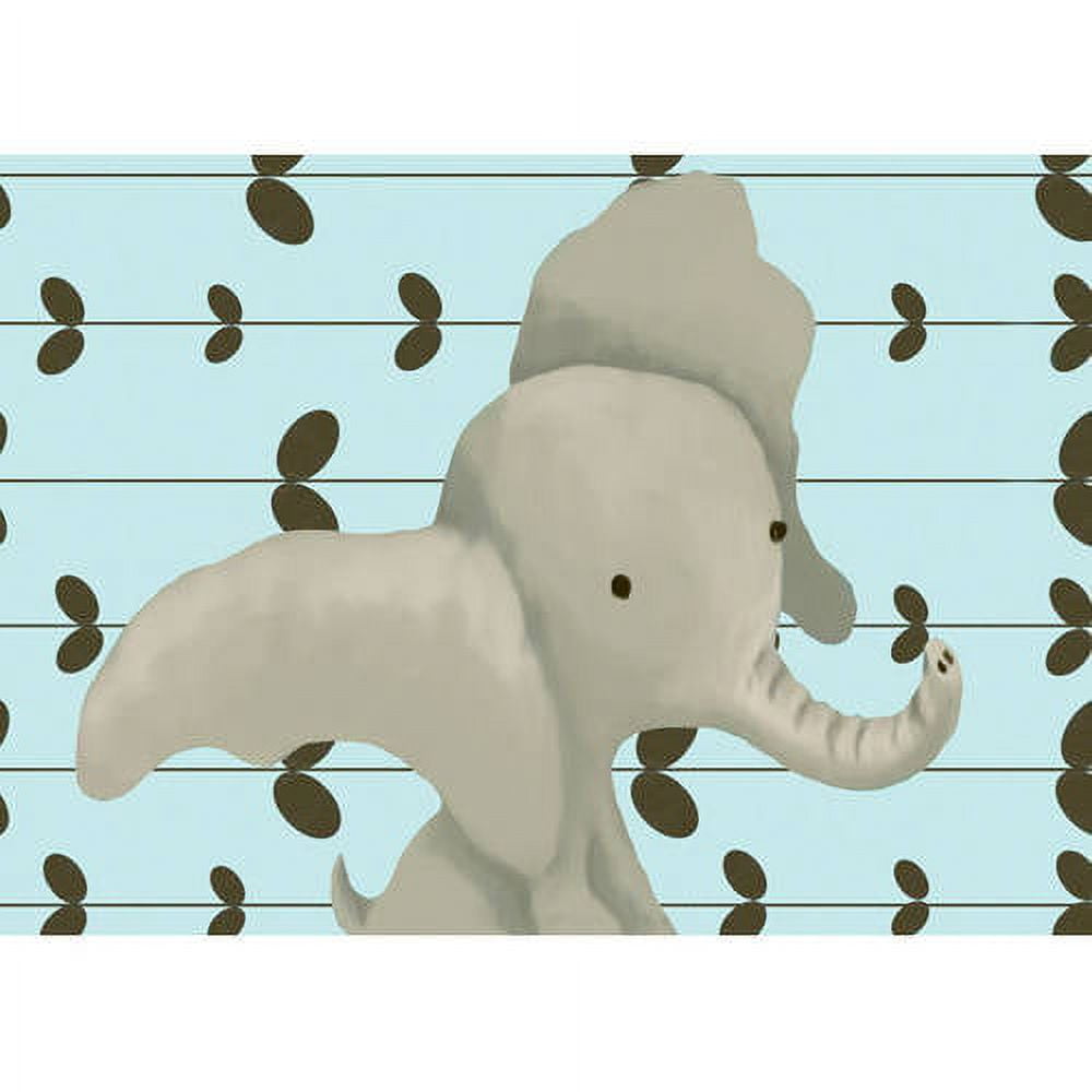 Cream-colored plush elephant toy against light blue background with brown leaf pattern