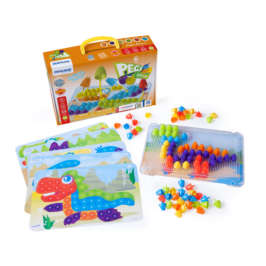 Miniland Pegs & Patterns Set with colorful peg pieces, storage tray, and pattern cards featuring sea creatures and landscape designs
