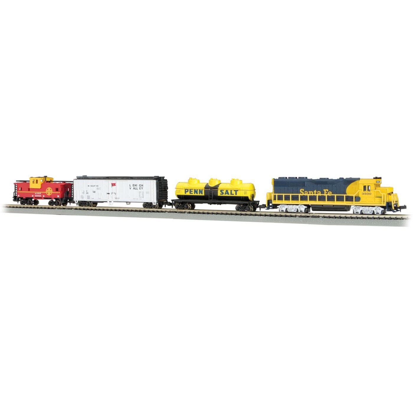 N scale model train set with red caboose, white boxcar, yellow Penn Salt tanker car, and yellow and blue Santa Fe diesel locomotive on track