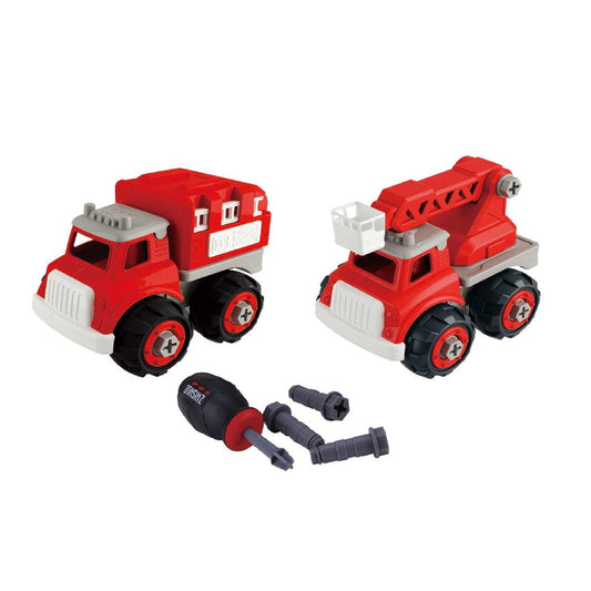 Two red and white diecast fire trucks with black wheels and a detachable screwdriver tool set