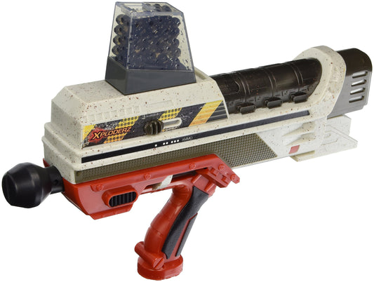 Xploderz Quickdraw Dueling Blaster Pack with cream and black motorized blaster on red trigger handle and ammo hopper