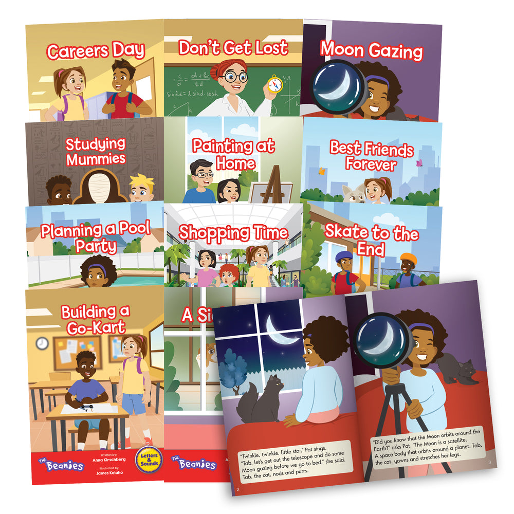 Junior Learning Beanies Diversity 12-Book Set display showing 12 illustrated children's books with titles including Careers Day, Don't Get Lost, Moon Gazing, St