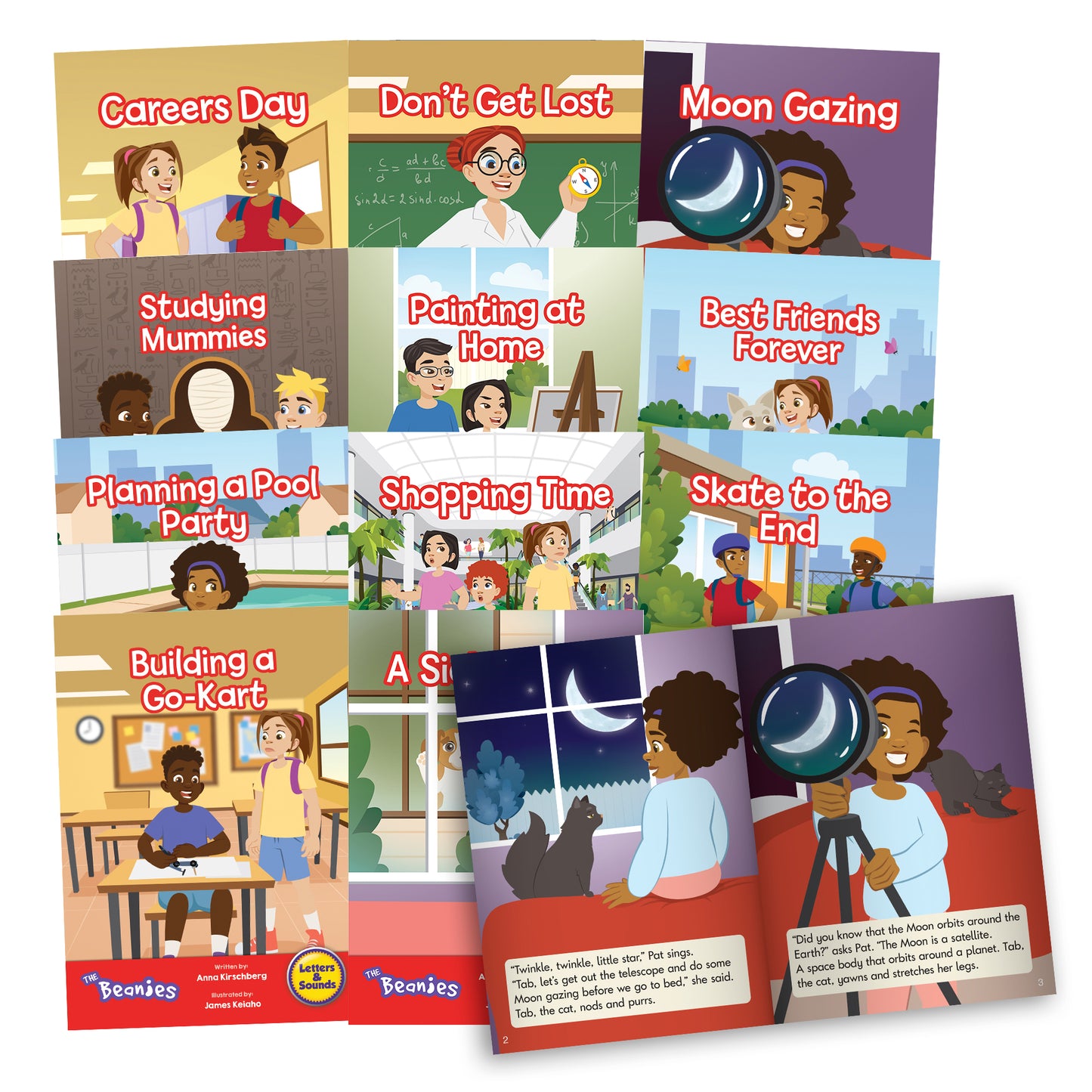 Junior Learning Beanies Diversity 12-Book Set display showing 12 illustrated children's books with titles including Careers Day, Don't Get Lost, Moon Gazing, St