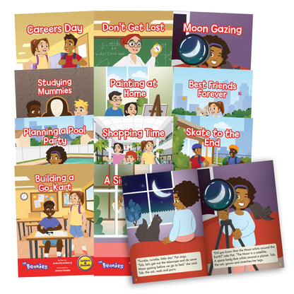Junior Learning Beanies Diversity 12-Book Set display showing 12 illustrated children's books with titles including Careers Day, Don't Get Lost, Moon Gazing, St