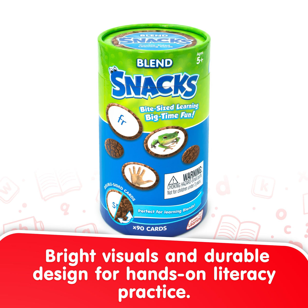 Blend Snacks educational card game with bright green and blue packaging, 90 cards for learning