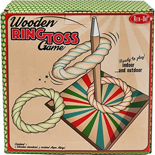 Wooden Ring Toss Game box showing rope rings in green and white stripes, a wooden peg stand, and a colorful striped base board in red, green, and teal. Text rea