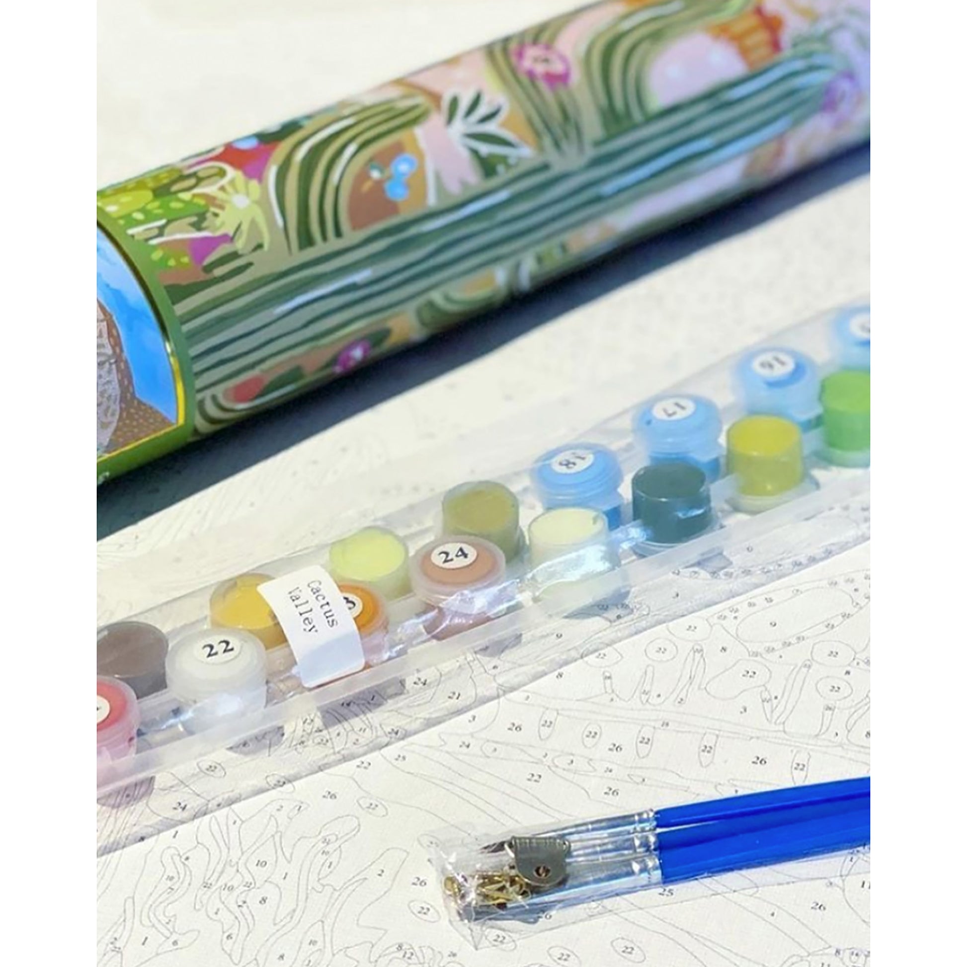 JOS Paint By Numbers Cactus Valley kit with colorful paints, brush, and numbered canvas