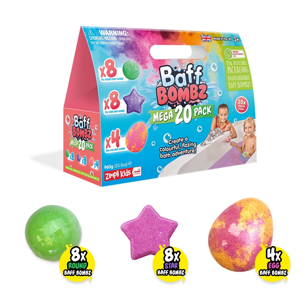 Baff Bombz Mega 20 Pack bath bombs set with packaging box and three types of fizzing bath bombs: green round, purple star, and colorful speckled egg shapes