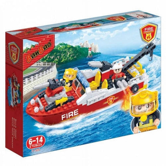 Banbao Fire Series Fire Rescue Boat building set with red and white boat, two minifigures, and black crane accessory on ocean background