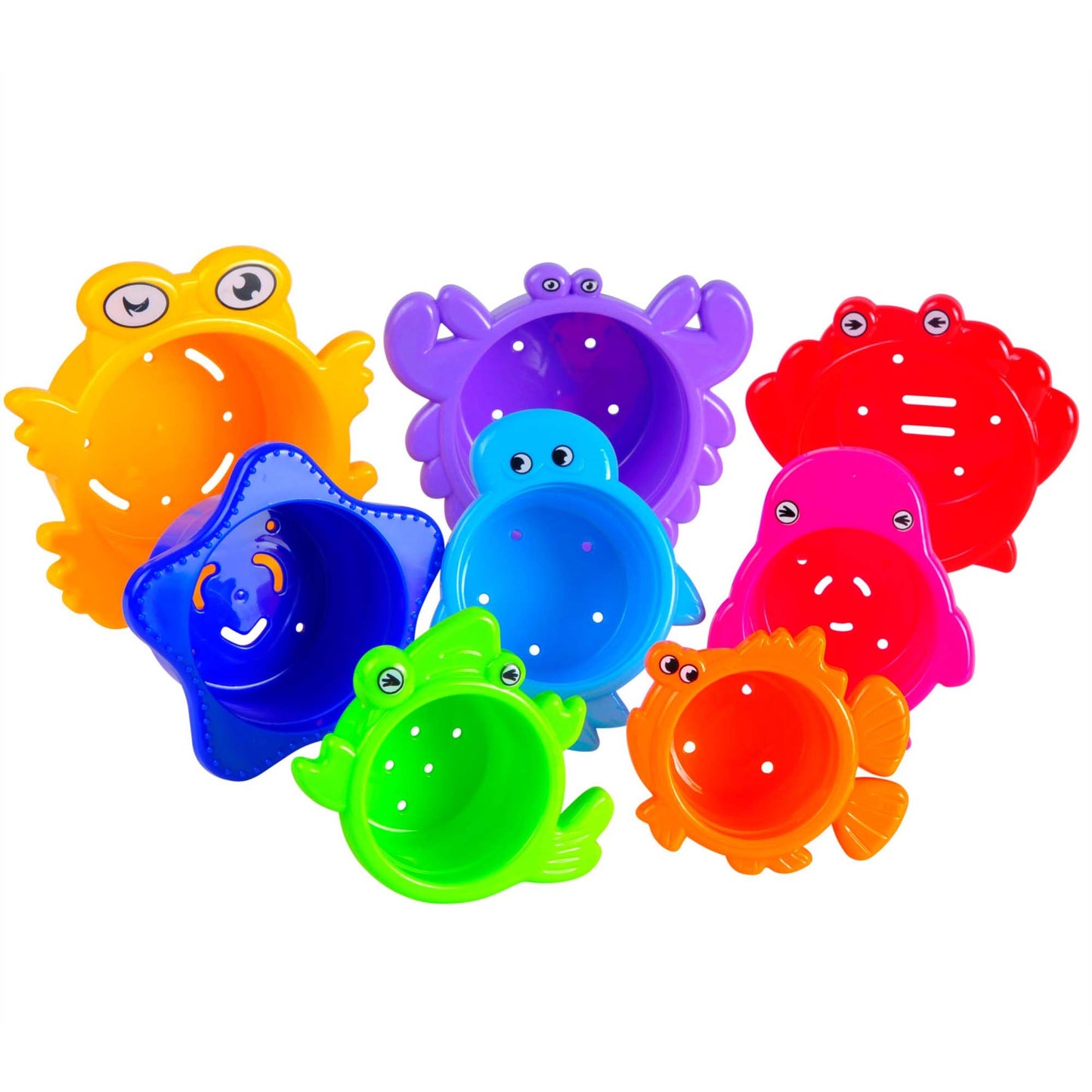Colorful stacking cups set in shapes of sea animals including yellow frog, blue whale, purple crab, green fish, red and pink crab, and orange fish with googly e