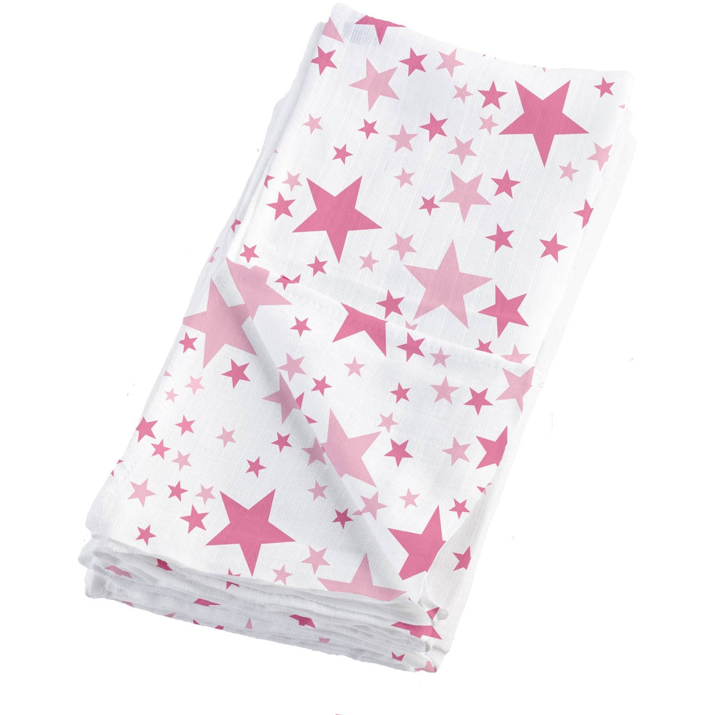 White muslin blanket with pink and hot pink stars in varying sizes, folded and displayed on plain background
