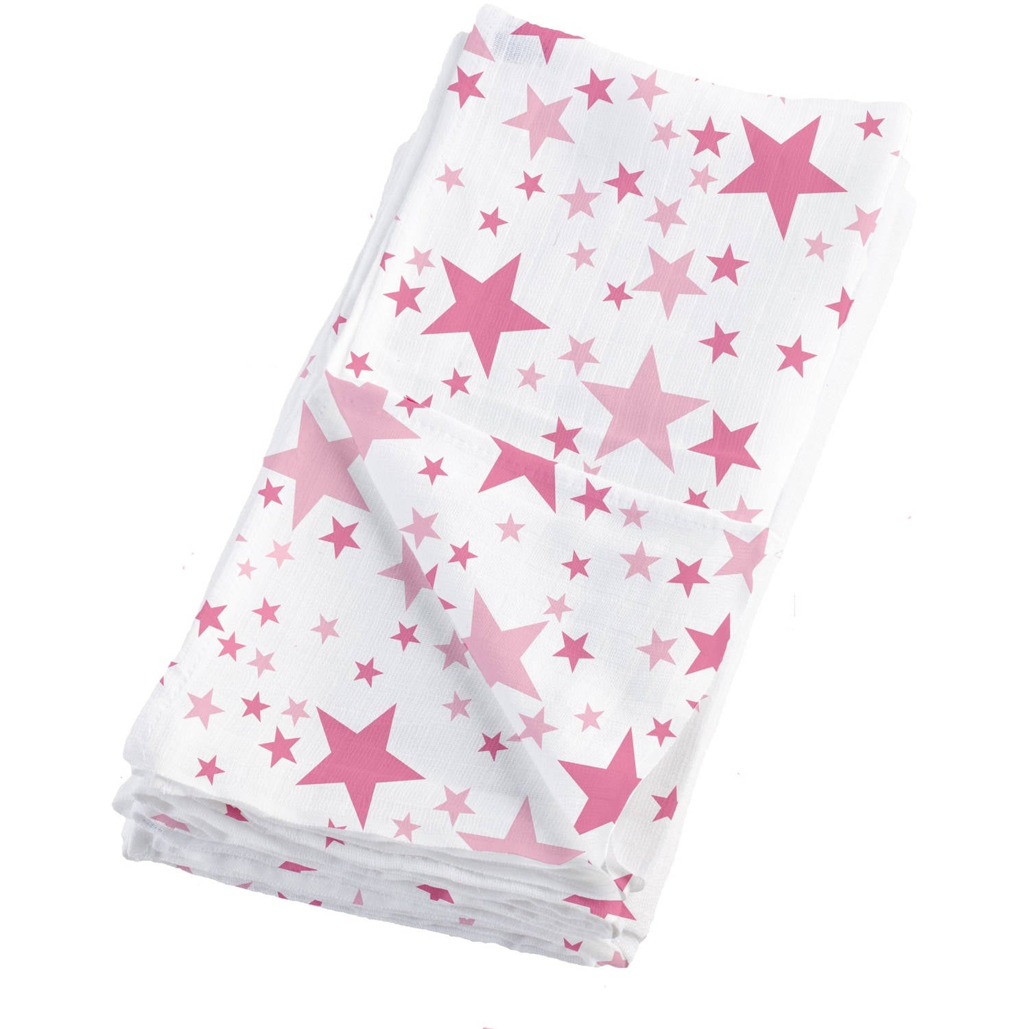 White muslin blanket with pink and hot pink stars in varying sizes, folded and displayed on plain background