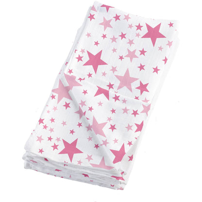 White muslin blanket with pink and hot pink stars in varying sizes, folded and displayed on plain background