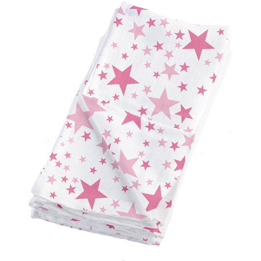 White muslin blanket with pink and hot pink stars in varying sizes, folded and displayed on plain background