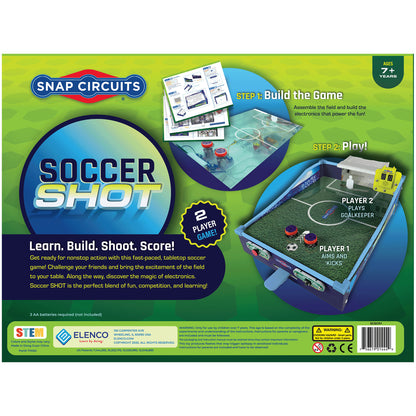 Snap Circuits Soccer Shot electronic tabletop game for kids ages 7+, featuring green field, blue goals, and red ball ...