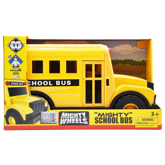Mighty Wheels 16" yellow school bus with black windows and doors, shown in packaging with interactive opening doors feature
