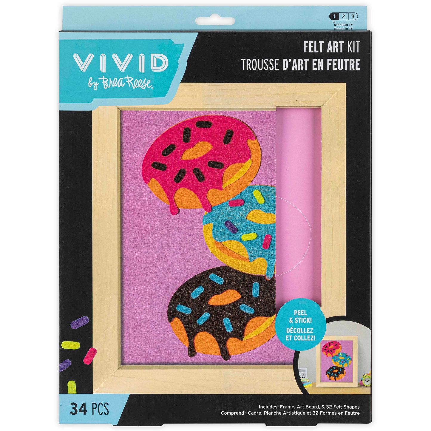 Felt Art Sweet Donuts Kit by Vivid with colorful stacked donuts design and wooden frame