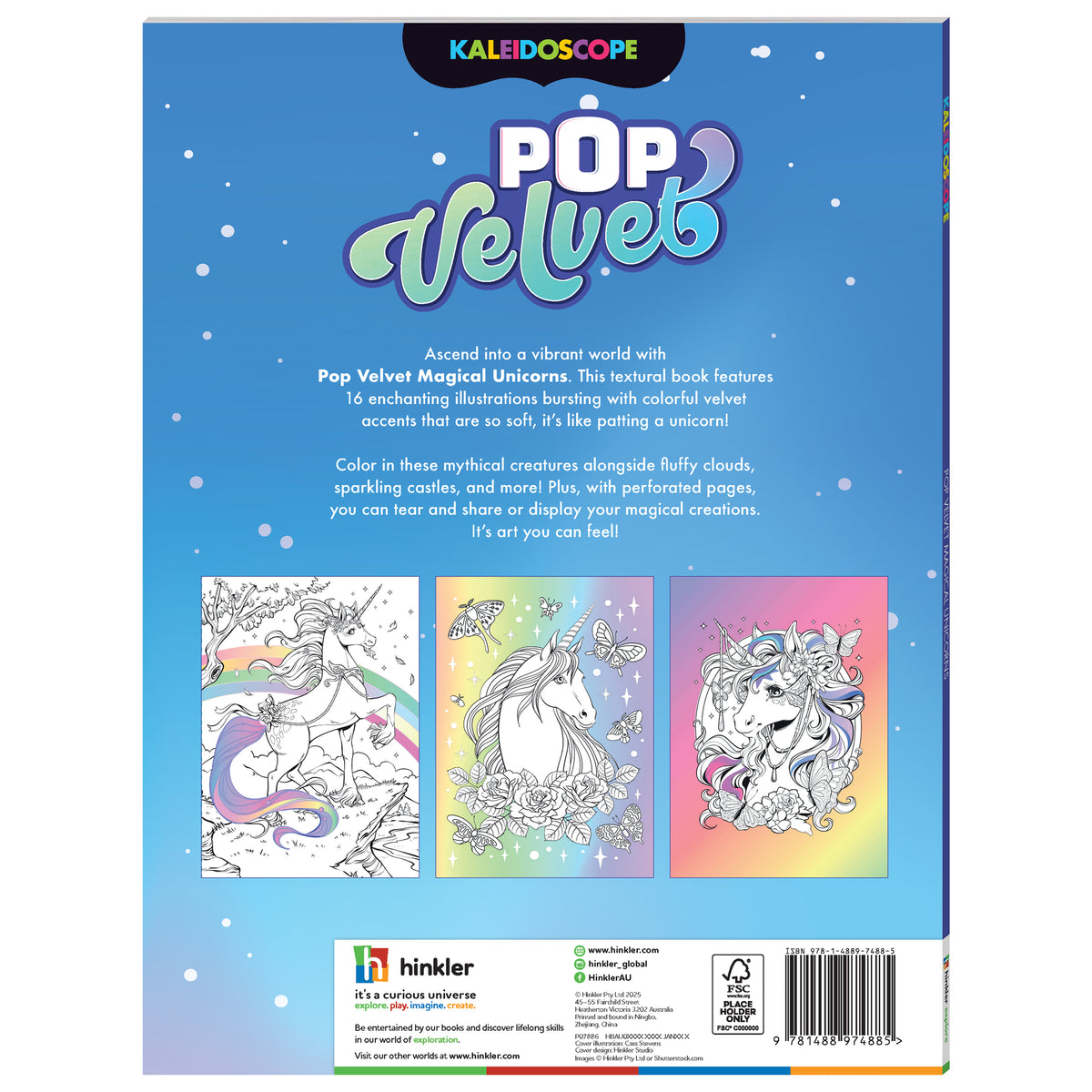 Kaleidoscope Pop Velvet Magical Unicorns coloring book with soft velvet accents