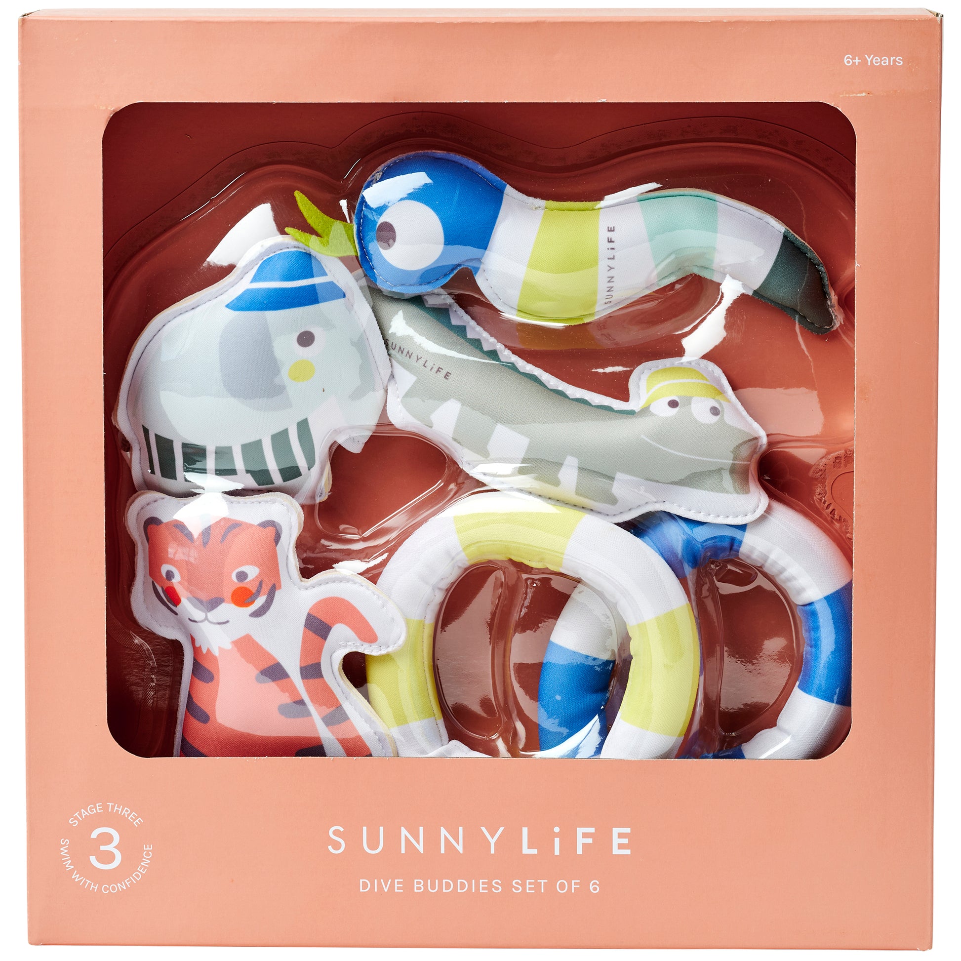 Sunny Life Dive Buddies Set of 6 colorful bath toys with blue, yellow, and white striped rings and animal designs