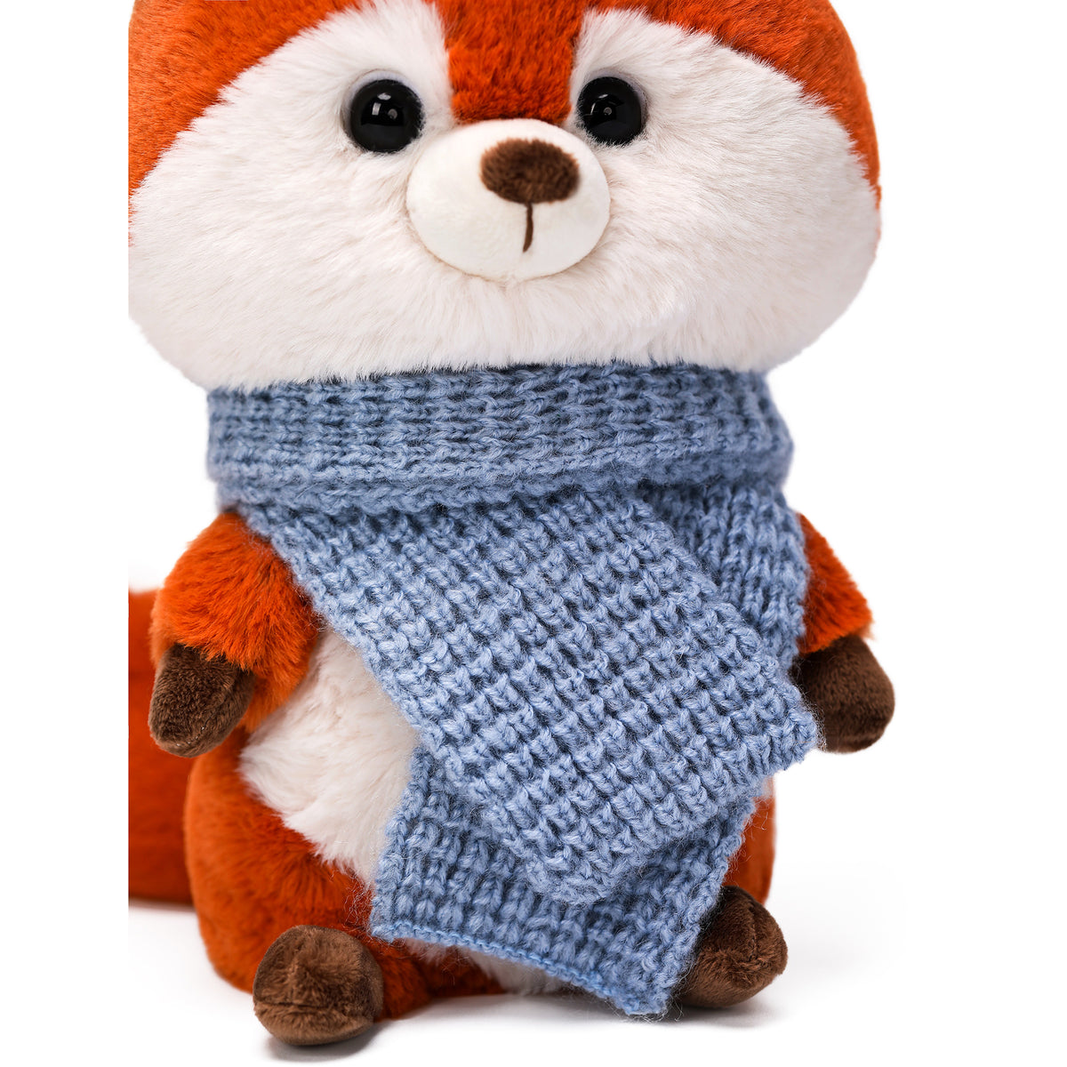 MCHugs Forest Series Mini Scarf Fox 9.8-inch plush toy with orange and white coloring, wearing a blue knit scarf