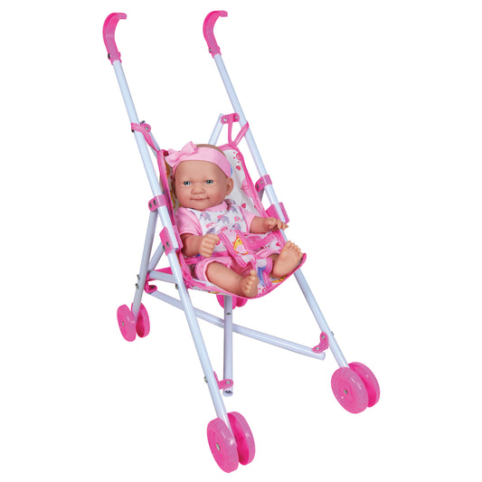 Baby doll with pink bonnet and outfit in pink and lavender umbrella stroller with wheels on white background