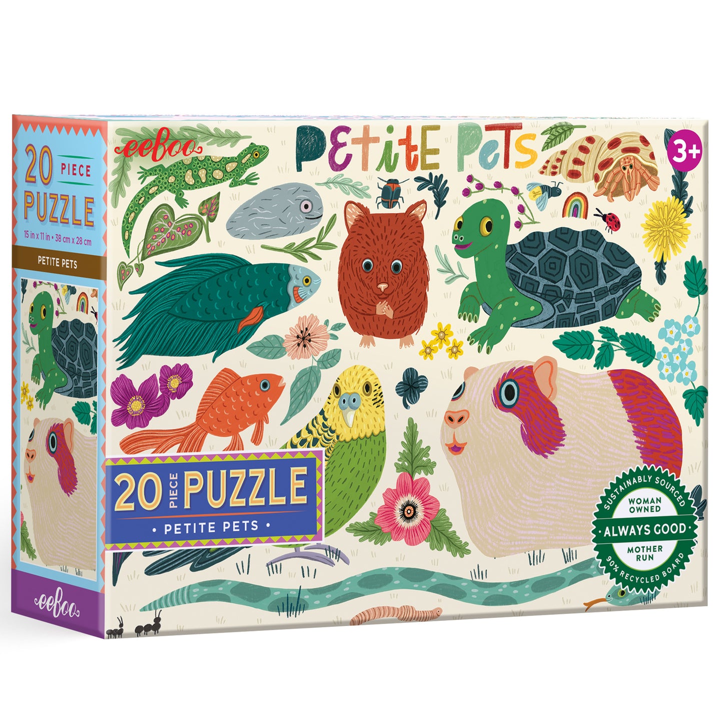 20 Piece Petite Pets Puzzle featuring colorful animals including turtle, cat, fish, and guinea pig