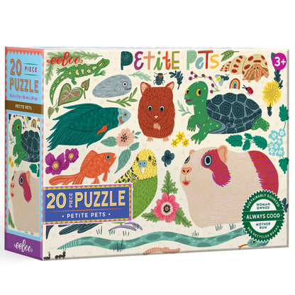20 Piece Petite Pets Puzzle featuring colorful animals including turtle, cat, fish, and guinea pig