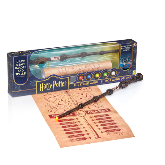 Harry Potter Elder Wand Lumos Deluxe set with interactive wand, spell scroll, and illuminated charm display