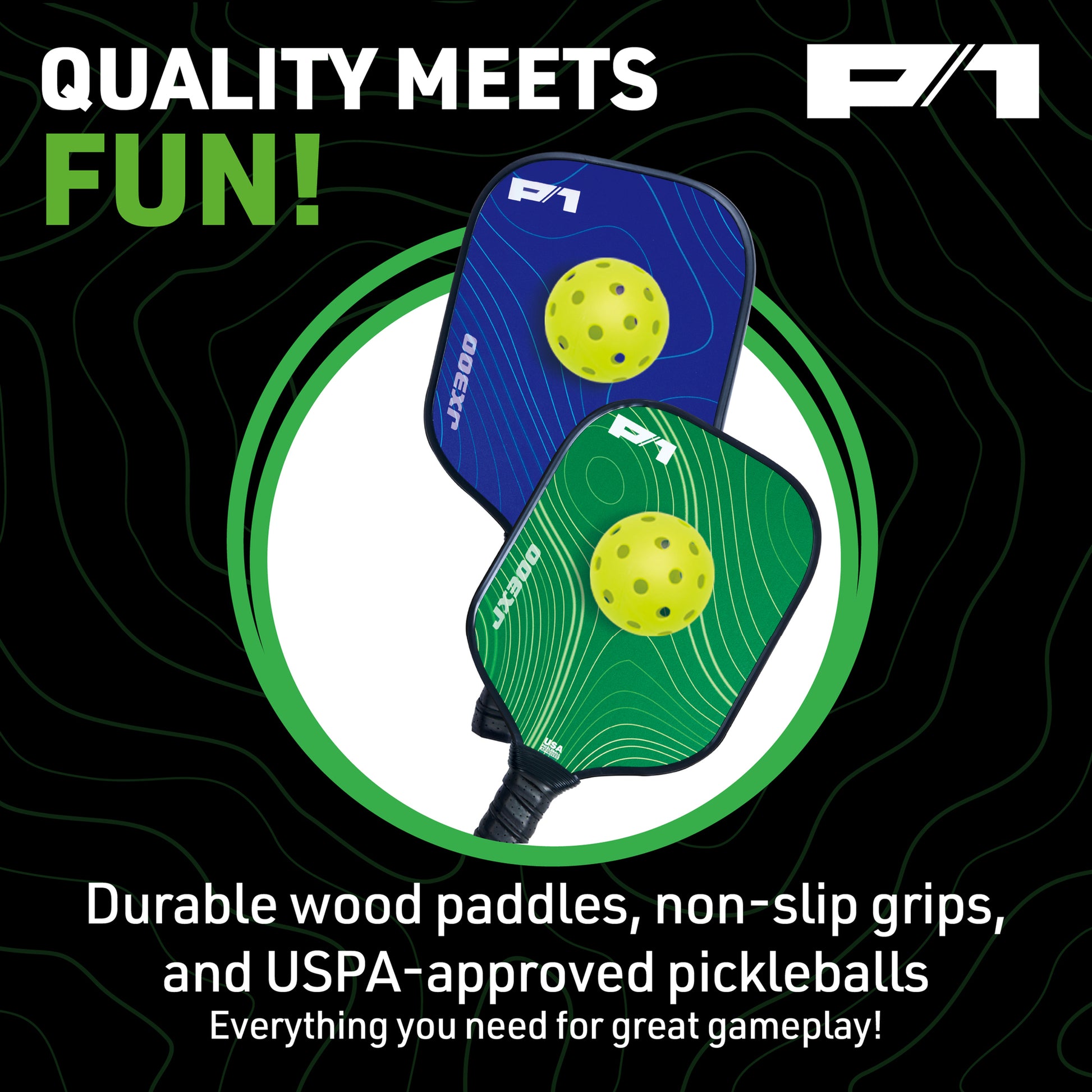 Do-U-Play Pickleball Starter Kit with blue and green wood paddles and yellow balls
