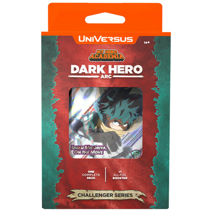 UniVersus My Hero Academia Dark Hero Arc trading card game box featuring Izuku Midoriya, includes one complete deck and one all-foil booster, Challenger Series