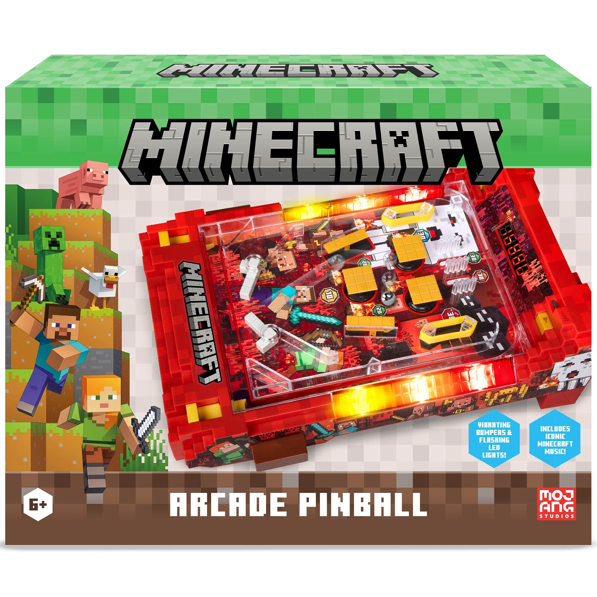 Minecraft Arcade Pinball Nether toy with red case, LED lights, and vibrating bumpers