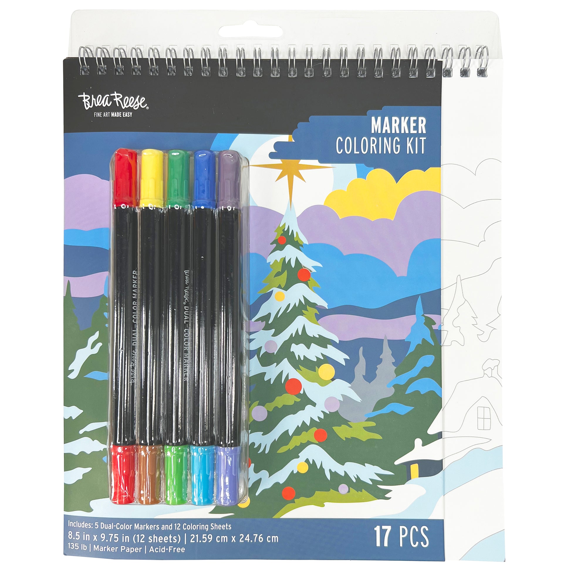 Brea Reese Marker Coloring Kit with 5 dual-color markers and 12 Christmas coloring sheets