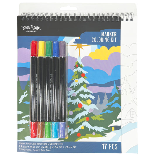 Brea Reese Marker Coloring Kit with 5 dual-color markers and 12 Christmas coloring sheets