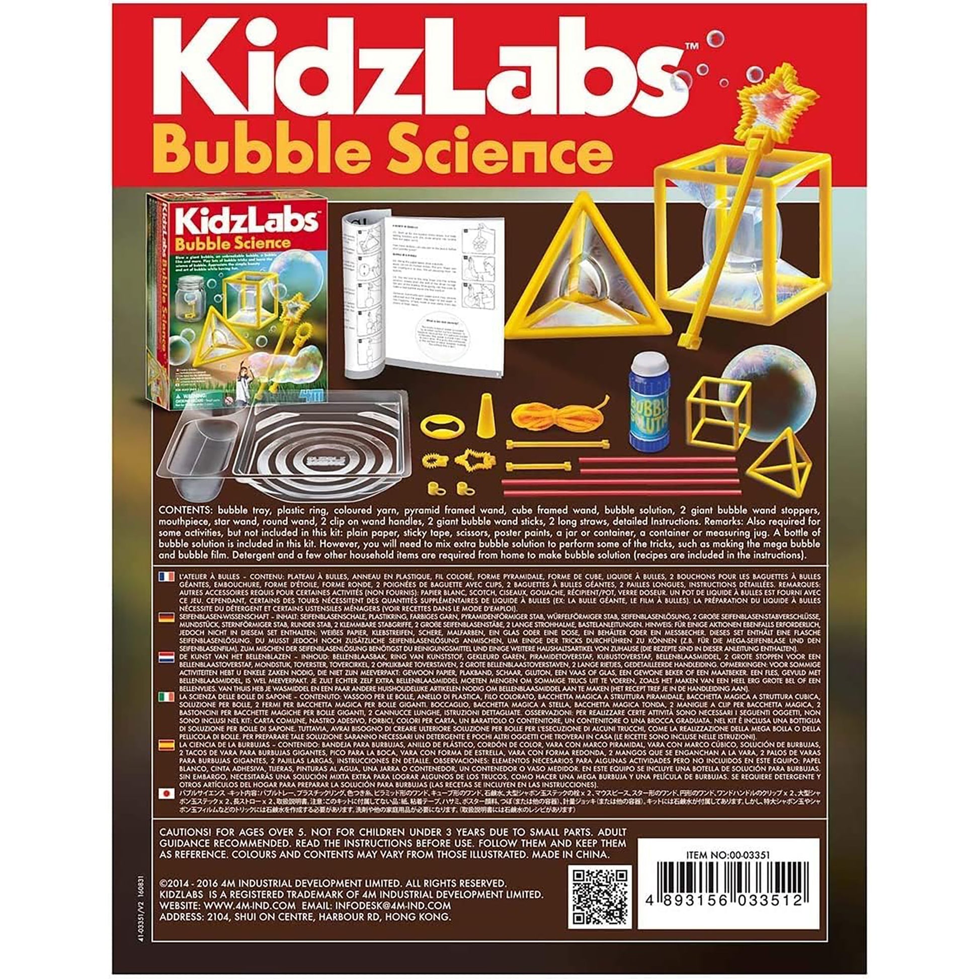 KidzLabs Bubble Science kit with yellow frames, bubble wands, and solution bottle