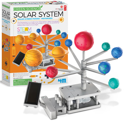 Green Science Solar System motorized planetarium with colored planet spheres on articulating arms, solar panel, and white base