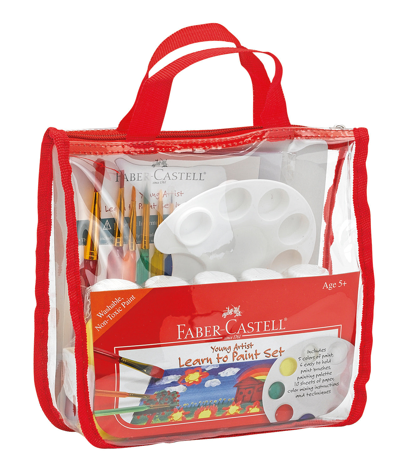 Faber-Castell Young Artist Learn to Paint Set in red mesh tote bag, containing paint brushes, white palette, paint colors, and instruction sheets
