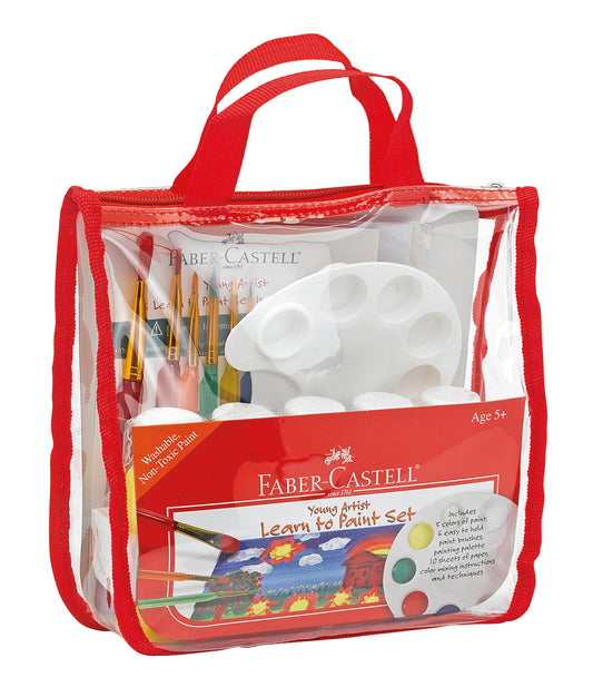 Faber-Castell Young Artist Learn to Paint Set in red mesh tote bag, containing paint brushes, white palette, paint colors, and instruction sheets