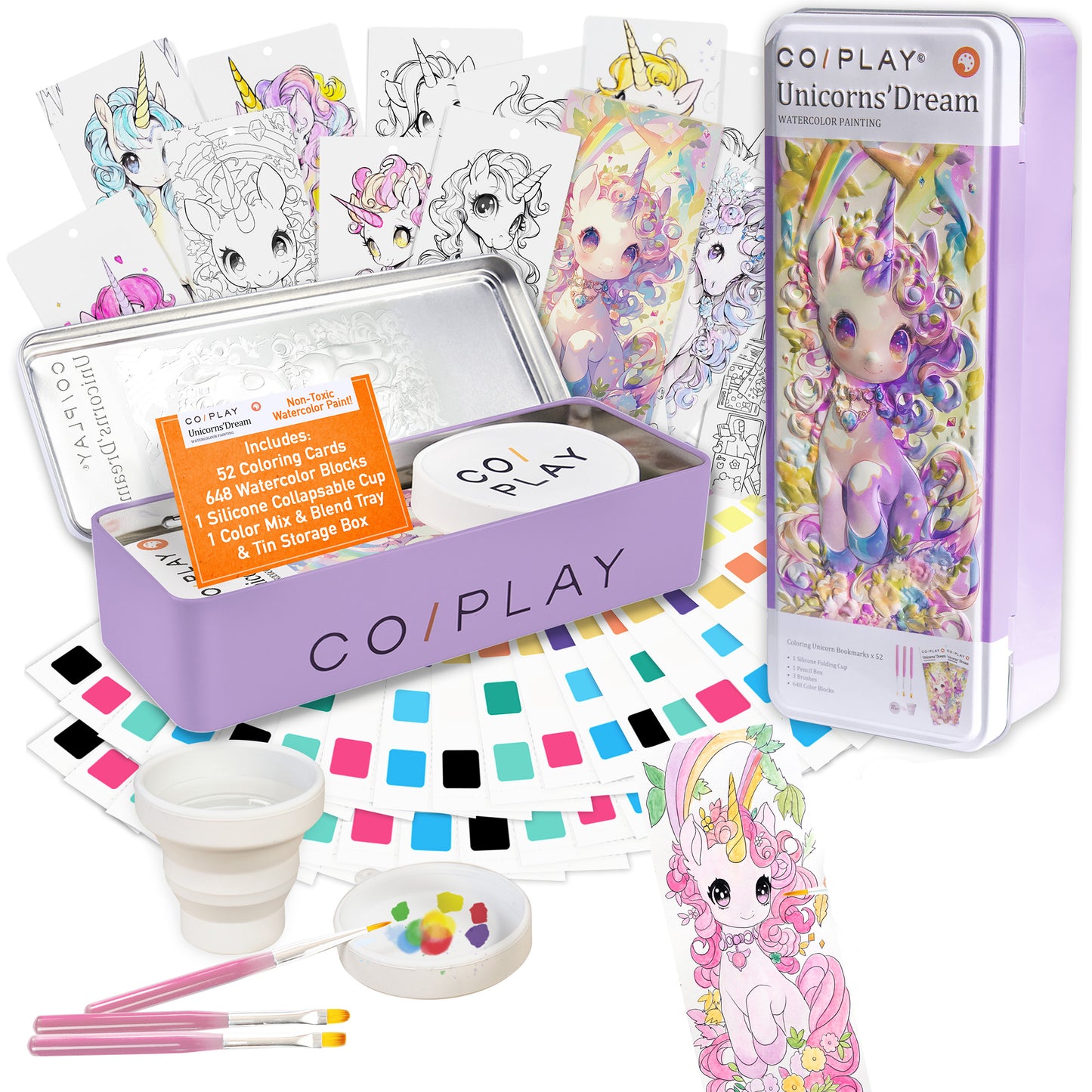 COIPLAY Unicorns Dream Watercolor Art Kit with 52 coloring cards, watercolors, brushes, and storage tin