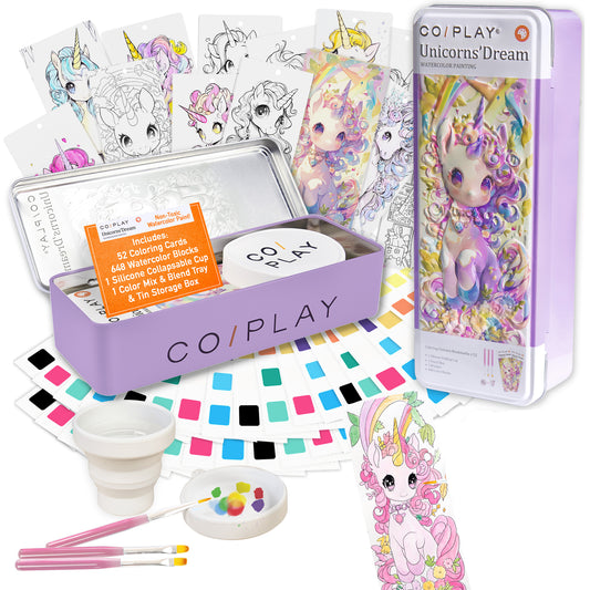 COIPLAY Unicorns Dream Watercolor Art Kit with 52 coloring cards, watercolors, brushes, and storage tin