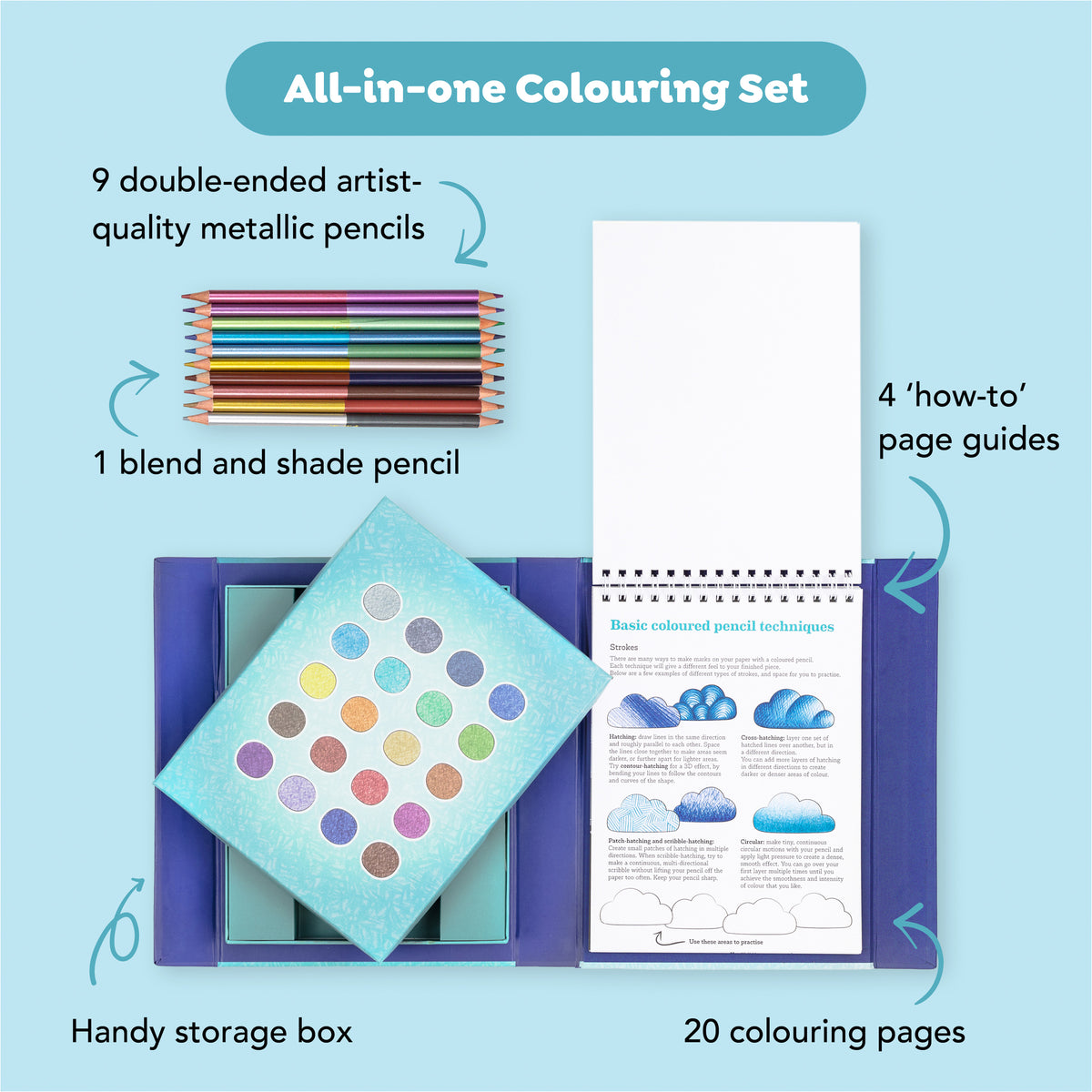 Pencil Art: Metallic Blend & Shade coloring set with 9 double-ended metallic pencils, storage box, and instruction gu...