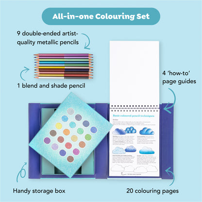 Pencil Art: Metallic Blend & Shade coloring set with 9 double-ended metallic pencils, storage box, and instruction gu...