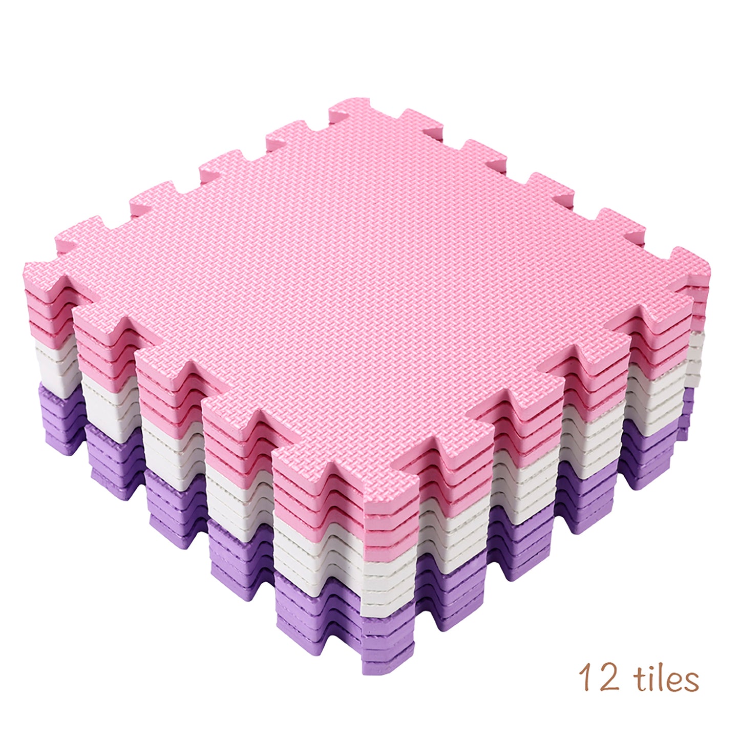 Easy Playhouse 12-Piece Soft Foam Interlocking Floor Tiles Play Mat in pink, white, and purple