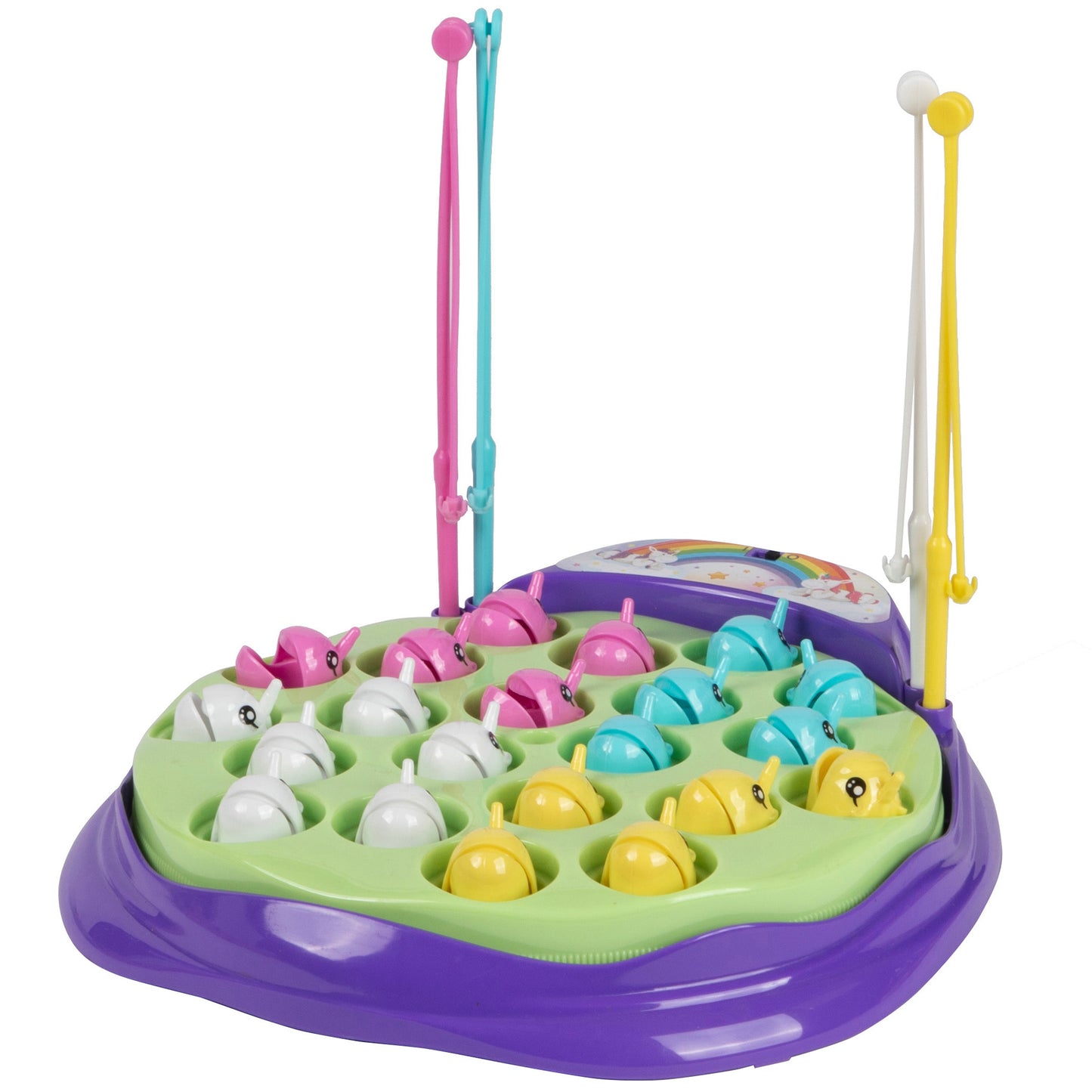 Unicorn Magic Catch & Spin fishing game with purple base, green playing surface, colorful magnetic fish in white, pink, cyan, and yellow, and four fishing rods